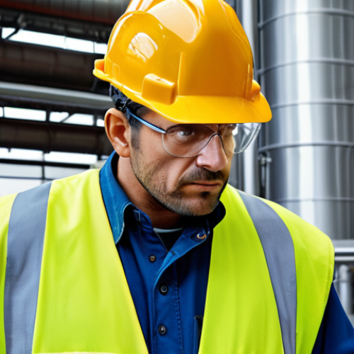 Home 9 **Chemical Plant Safety:** Experienced worker solving a problem in a chemical plant, preventing a potential accident. Focus on the worker's calm demeanor and the urgency of the situation.