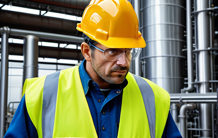 **Chemical Plant Safety:** Experienced worker solving a problem in a chemical plant, preventing a potential accident. Focus on the worker's calm demeanor and the urgency of the situation.