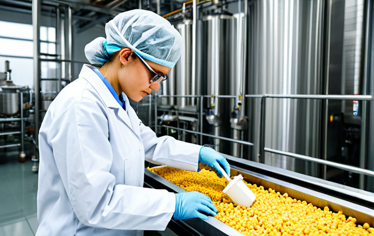 Food Processing**

A chemical engineer in a clean, modern food processing plant, wearing appropriate safety attire and a lab coat, inspecting food production machinery. Focus on quality control and optimization of the process. Safe for work, appropriate content, fully clothed, professional, perfect anatomy, natural proportions, high resolution.

**