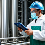 "A chemical factory worker, fully clothed in appropriate attire, receiving training on modern technology, safe for work, appropriate content, professional, modest clothing, perfect anatomy, natural proportions, high quality."