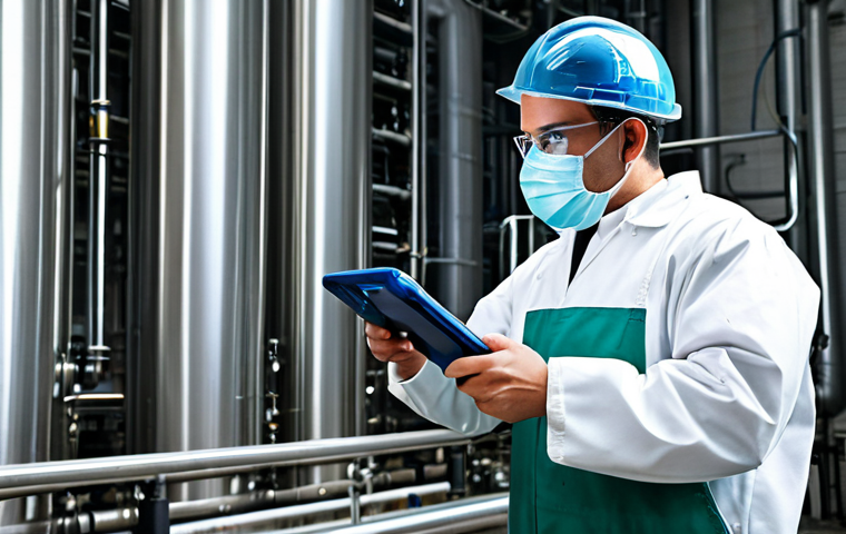 "A chemical factory worker, fully clothed in appropriate attire, receiving training on modern technology, safe for work, appropriate content, professional, modest clothing, perfect anatomy, natural proportions, high quality."