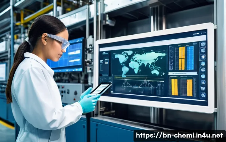 화학공학 안전 교육 - **Prompt:** "A clean, modern chemical processing plant interior, bustling with activity but maintain...