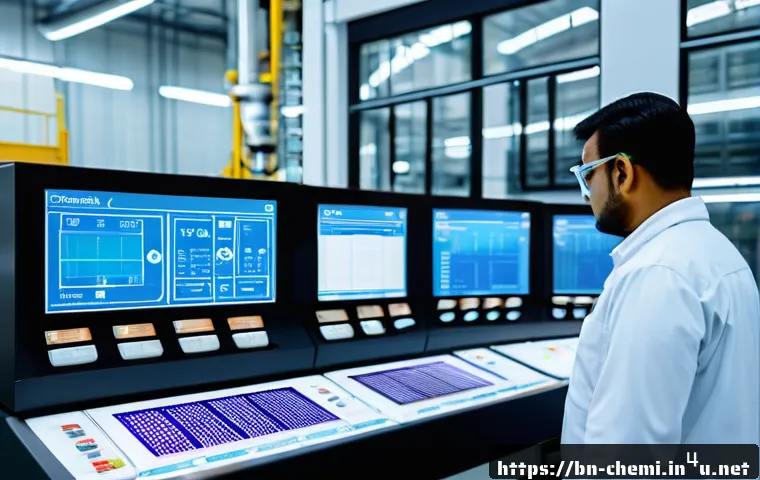 화학공학 신기술 동향 - A high-tech chemical engineering factory interior showcasing smart automation and process control: d...