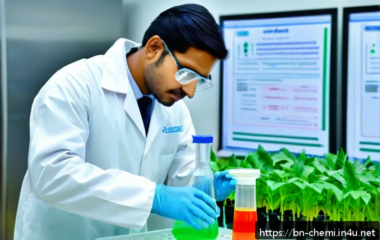 화학공학 친환경 기술 - A detailed laboratory scene showing a Bengali chemical engineer in professional attire working with ...